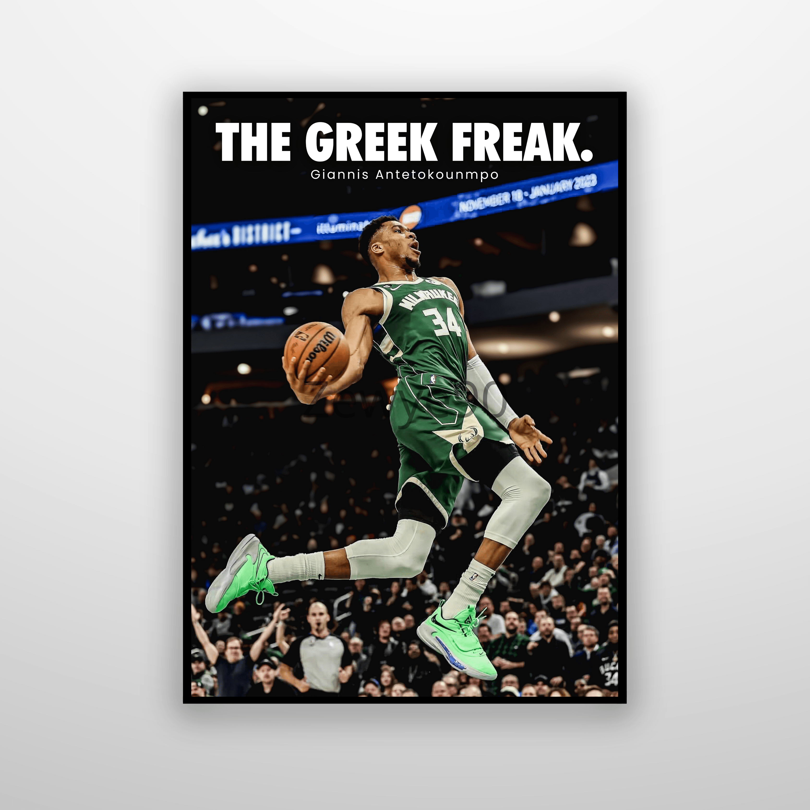 Artistic representation of Giannis Antetokounmpo with ‘The Greek Freak’ title